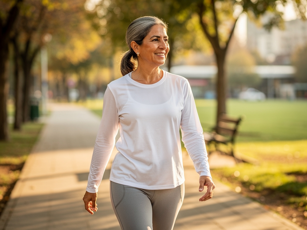 Mujer adulta caminando en parque al aire libre, estilo de vida activo