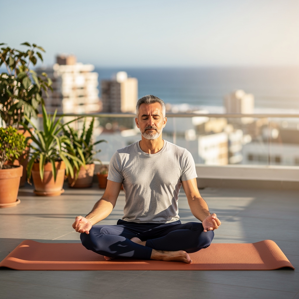 Hombre adulto practicando yoga en terraza con vista a la ciudad