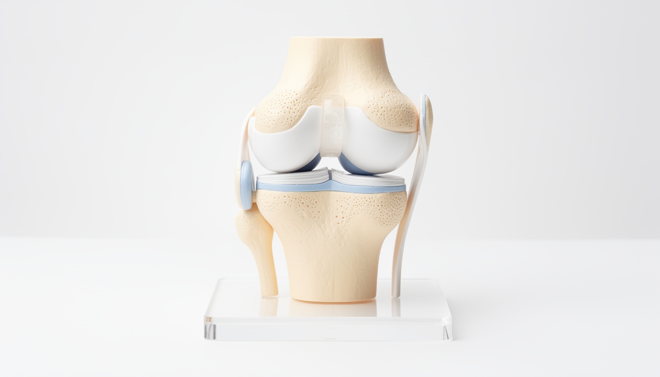 Ilustración anatómica de articulación de rodilla con cartílago visible, fondo blanco limpio